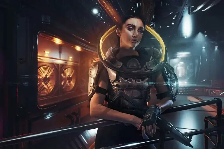 Cyberpunk Style Image Beautiful Brunette Warrior